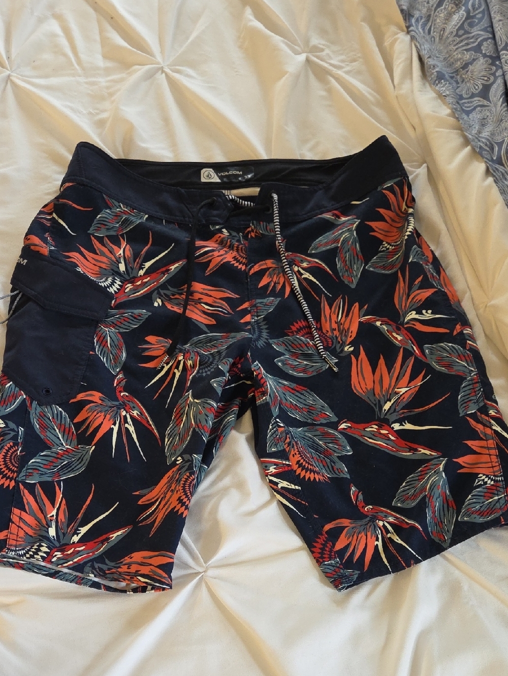 Volcom Men’s Navy Tropical Floral Boardshorts - Orange & Teal